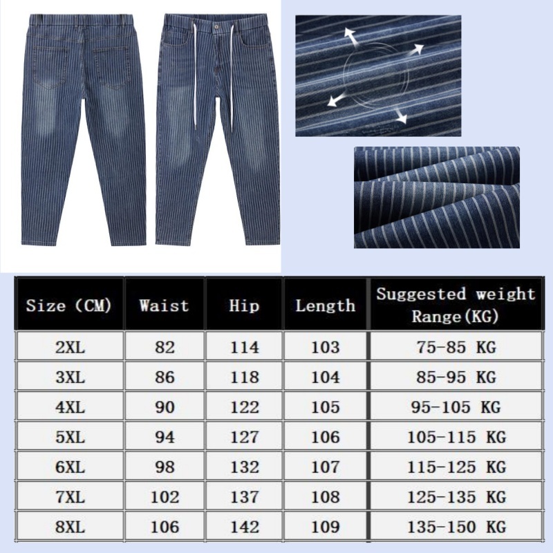 Plus Size 7XL Fashion Stripe Trend Jeans Men's Hip Hop Denim Pants Spring Summer Harem Trousers Men Elastic Waist Bottoms Blue XXXXXL