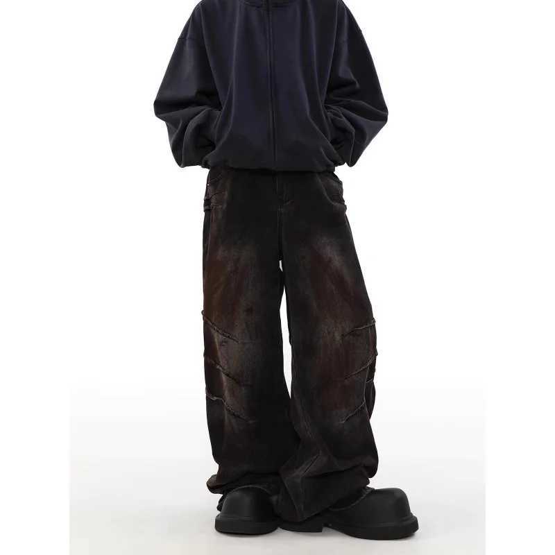 Mens loose jeans casual pleated autumn and winter street fashion for mens loose long leg straight pantsT250319