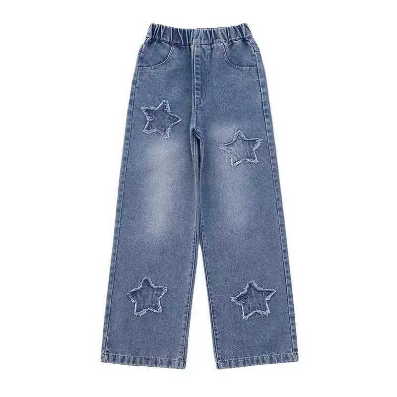 Girls Jeans 2024 Spring New Stickers Fabric Five Star Wide Leg Pants Childrens Trend Teen TrousersT250326