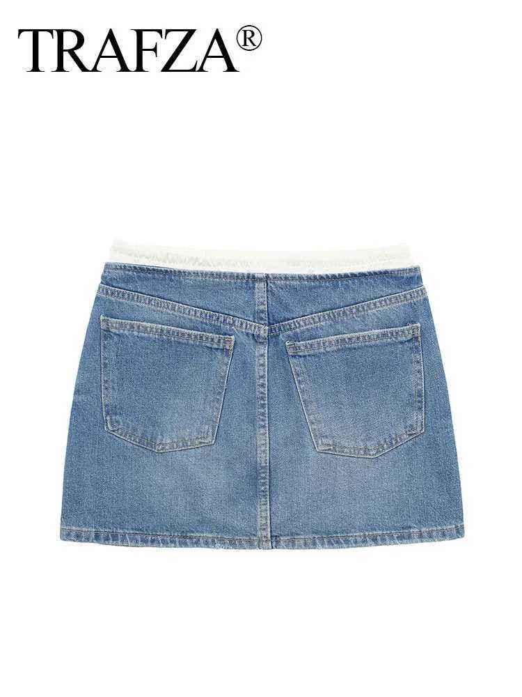 TRZA 2024 Denim Mini Skiing Womens Tie Bow High Waist Skiing Womens Fashion Splicing SkiingXJ250320