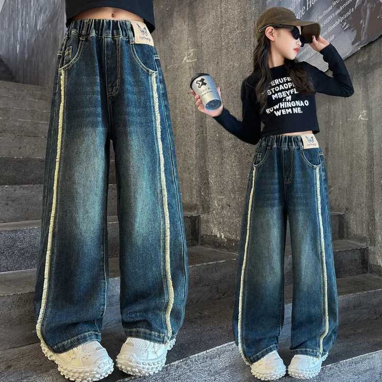 Girls wide leg jeans 6 8 9 10 12 14 Years Spring and Autumn loose retro straight pants fashion for teenagers and children TrouserT250326