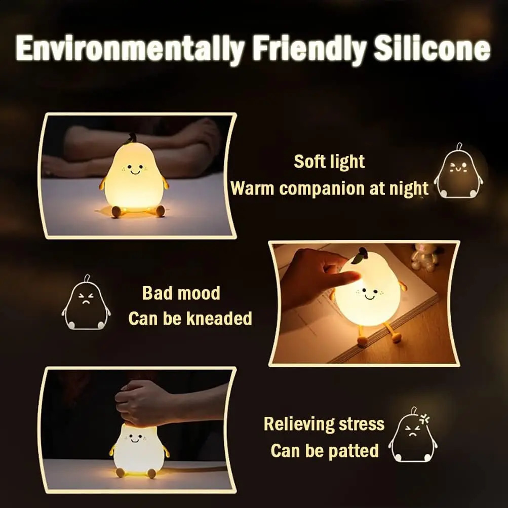 Night Lights for Kids Pear Shaped Cute Silicone Nightlight 4/7 Colors Night Lamp USB Charging for Bedroom Bedside Room 250319