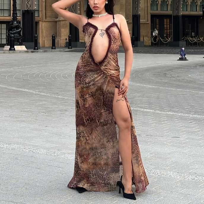 Autumn Fashion Trendy Women's New Strap, Mushroom Edge Printed Loose Open Umbilical Dress 250315