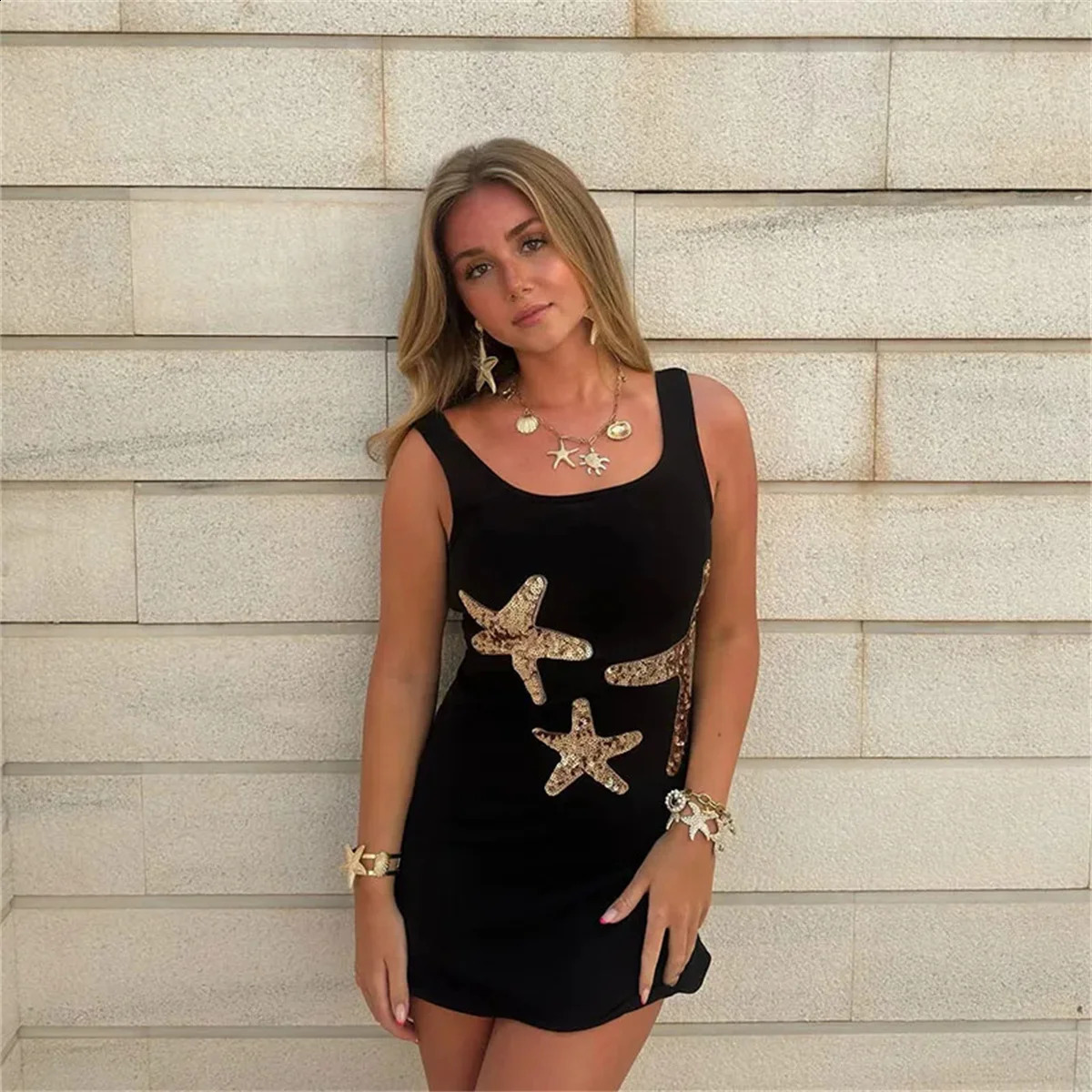 Fashion Sparkling Star Printed Ruffle Womens Mini Dress Elegant Sleeveless Ruffle Ball Dress Womens Party Dress Style 250317