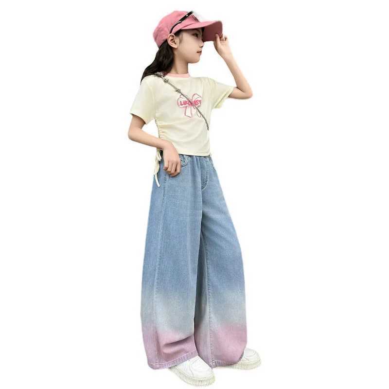 2024 Tencel wide leg jeans for teenagers and girls gradient color pants for children and girls childrens jackets long pants for girls clothing for 4-1