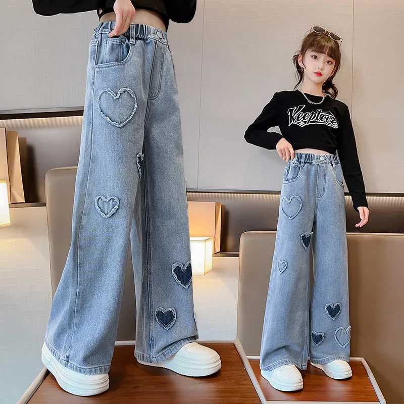 New Fashion Teenager Girls Denim Wide Leg Pants Children Trousers Spring Autumn Love Pattern Girls Jeans 5-14 Years Kids ClothesT250326