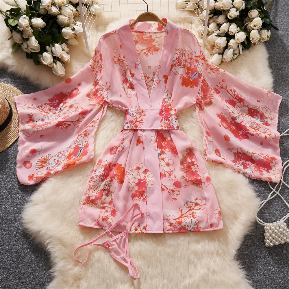 sweet Print Short Dress Sheer Sexy Kimono Slim Petal Sleeves Bathrobe Womens Secret Clothes Erotic Lingerie Pajama Nightwear 250319