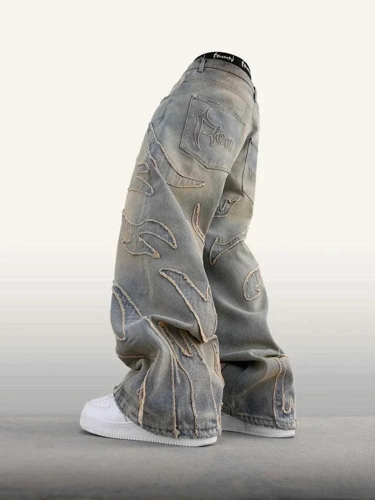 2024 American New Fashion Patch Pocket Casual Jeans for Men and Women Y2K High Street Harajuku High Waist Wide Leg Denim TrouserT250319