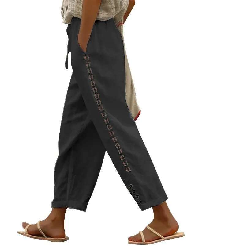 Women Fashion Embroidered Lace Trousers Vintage Lace-Up Pockets Summer Elegant Loose Elastic Waist Long Pants Streetwears