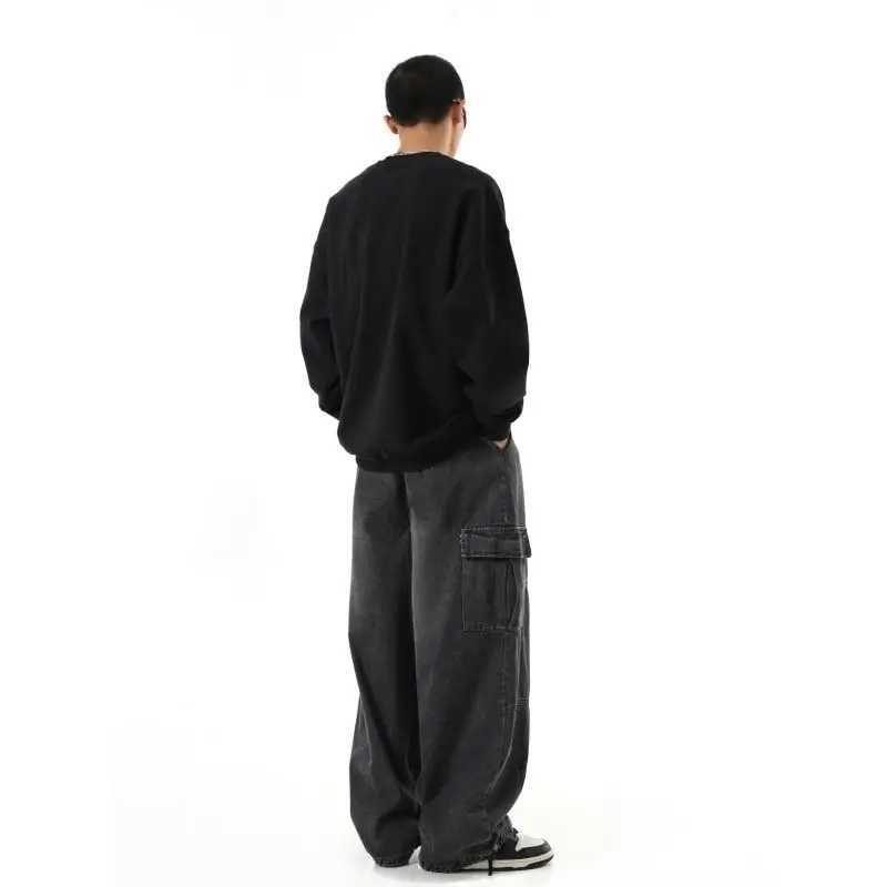 Y2k black bagged cargo jeans mens streetwear casual hippie jogging wide leg oversized mens jeansT250319