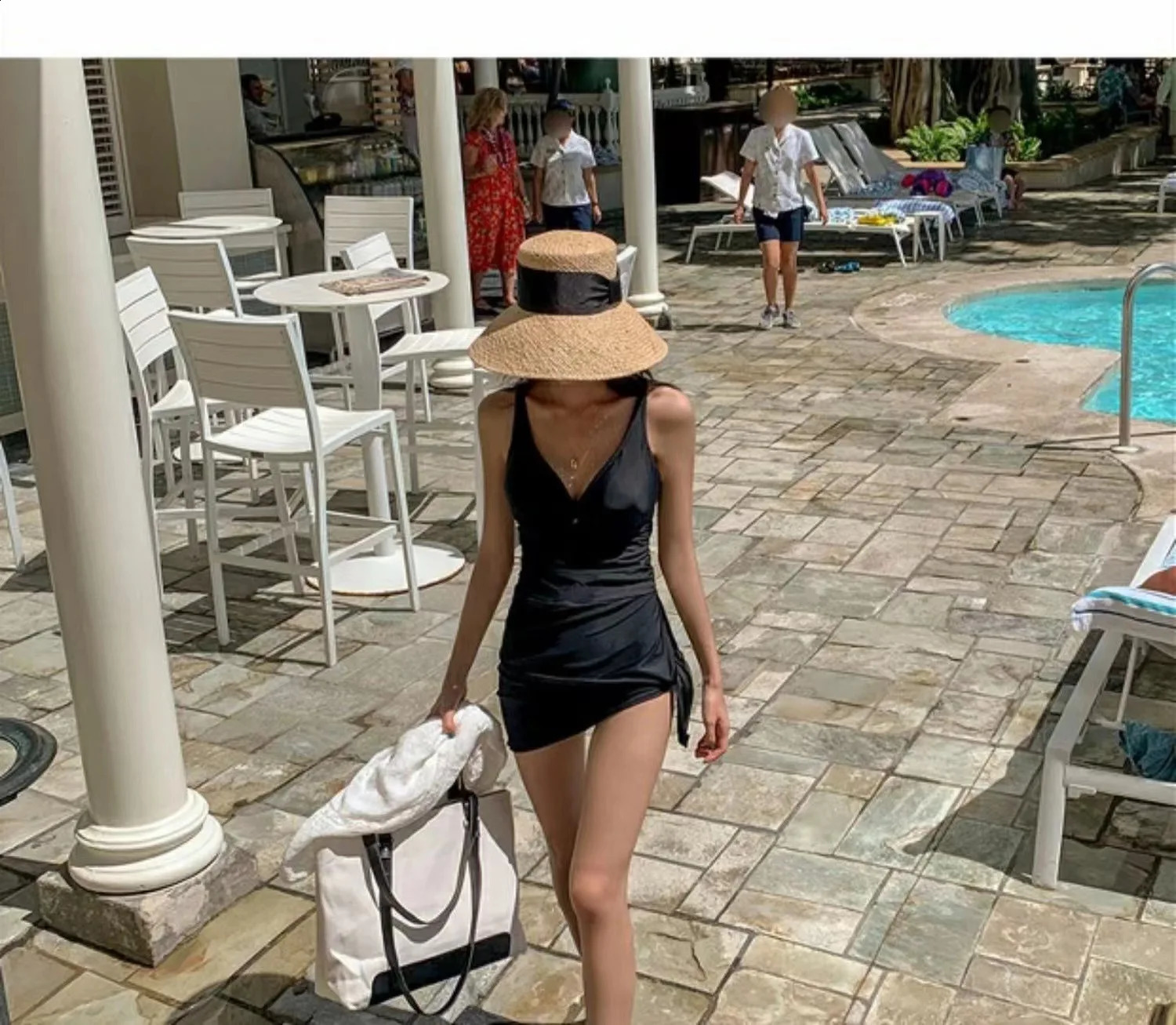 Black Dress Style One Piece Swimsuit for Women Sexy Spring Spa Modest Swimwear Bathing Suit Korean Style 250319