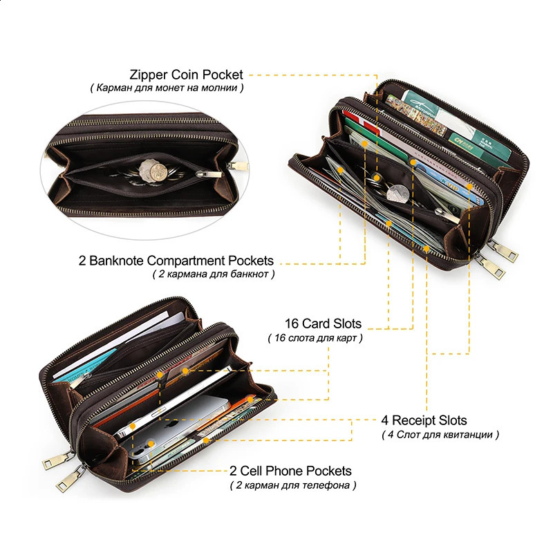 ContactS Genuine Leather Mens Wallet Clutch Bag Card Holder Long Wallets Double Zipper Large Capacity Vintage Male Purses 250317