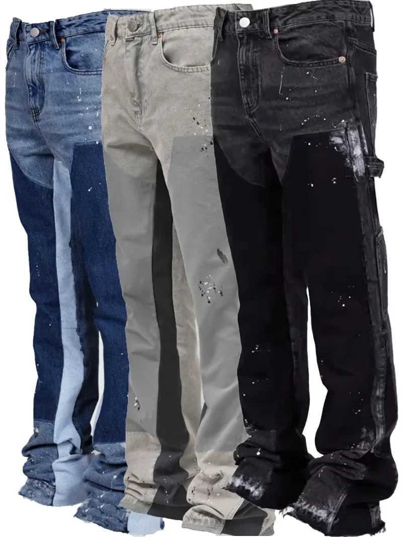Y2k jeans mens painted patches bag stacked jeans fashionable workwear trendy stretch patches denim stacked glitter jeansT250319