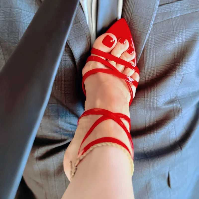 2025 New Summer Pointed Toe Cross Straight Strap Sandals with Thin H for Wen Red Bott High H Fi Sandals Y250319
