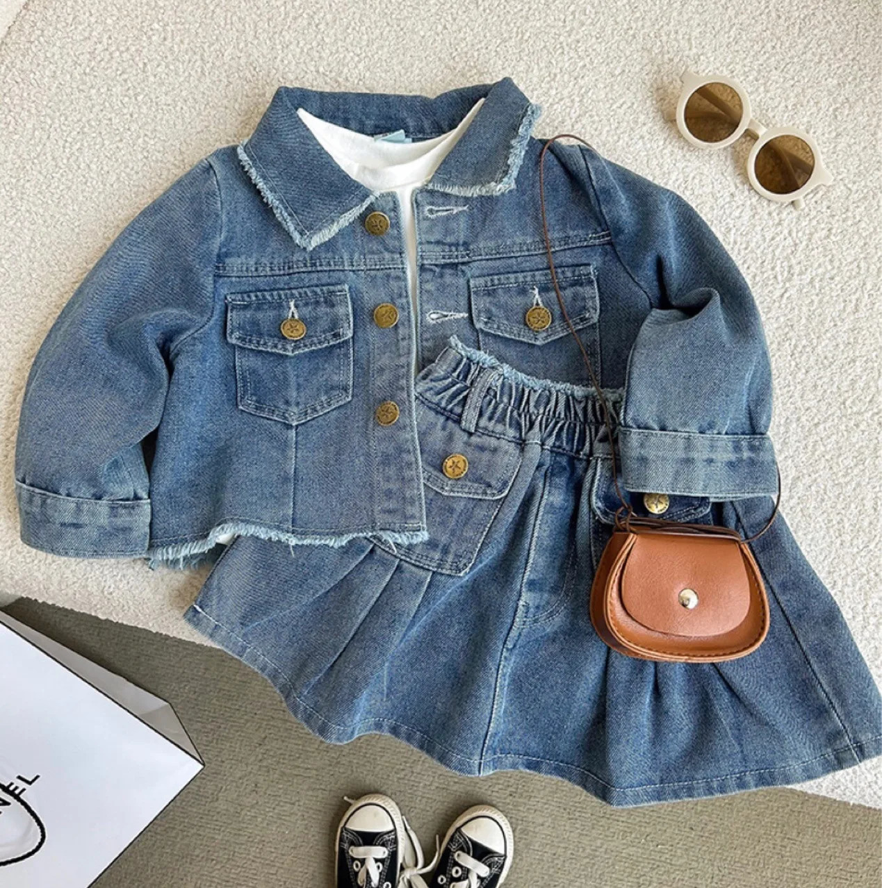 Spring Autumn Blue Retro Turndown Collar Long Sleeves Girls Solid Color Cotton Denim Jacket Short Skirts Twopiece Suit 250319