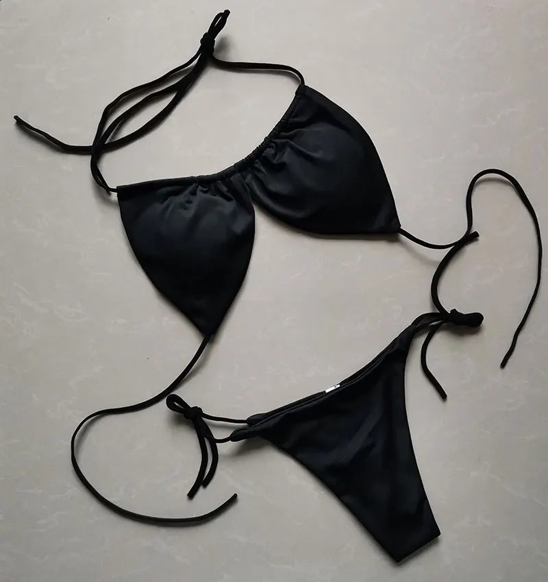 Summer Sexy Bikini set Pushup padded Bra Thong Split Swimwear Female Bandage Bathing Suit Adjustable Lacing Swimsuit Solid 250319