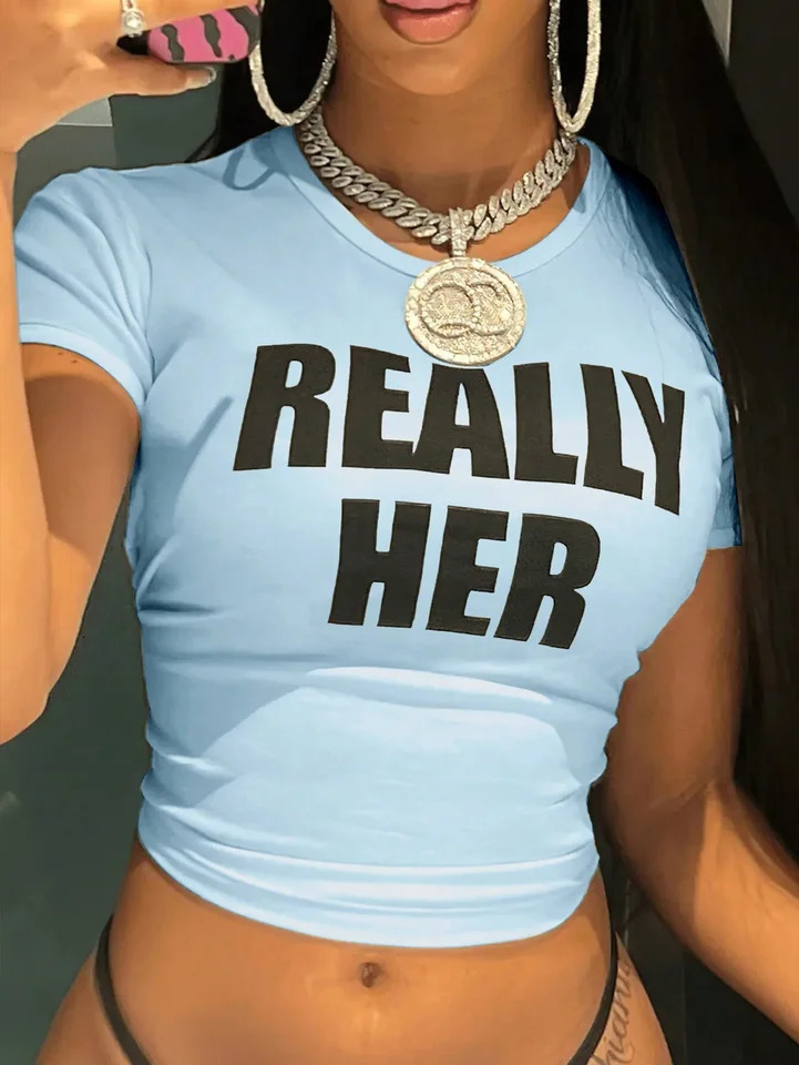Short Sleeve Crop Tops For Women Summer Short Sleeve Crop Top Letter Print Slim Fit Casual Ladies T-Shirt Y2k Party Clothing 250320