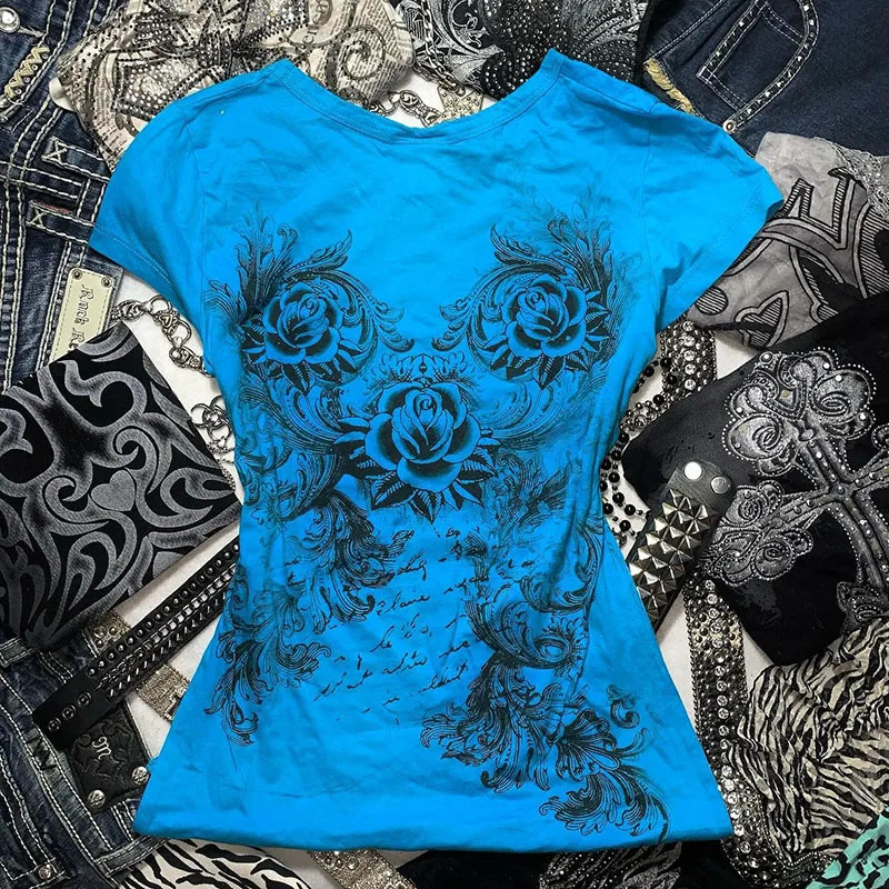 Womens Y2k Grunge T-Shirts 2000s Vinage Rhinestone Print Heart Rose T-Shirt Aesthetics Harajuku Round Neck Tops street fashion 250320