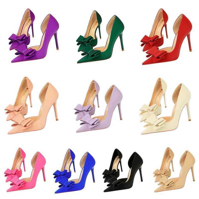 2024 temperature 10.5cm high H sweet Korean side hollow pump womens party purple green Kai bow knot H Pr silk satin shoes Y250319