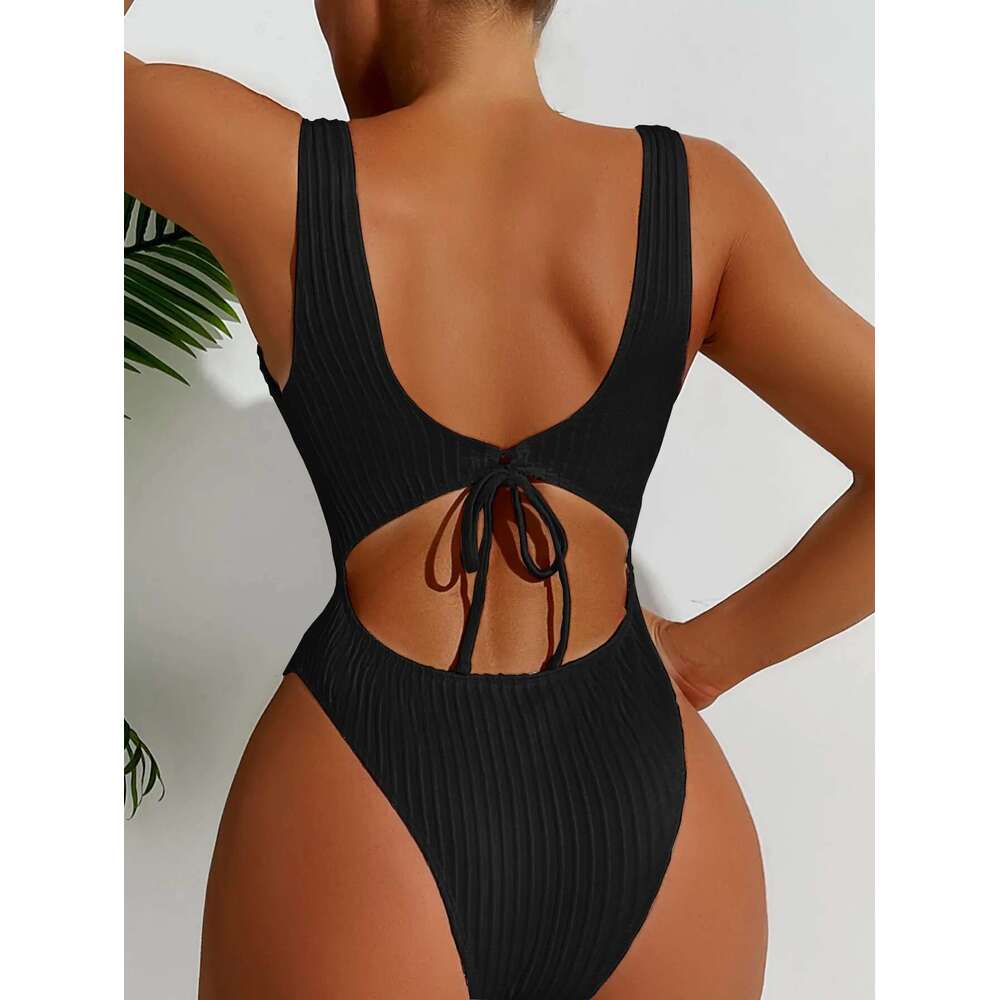 Modest Women Textured Ribbed One Piece Swimsuit Solid Colors Summer Beach Vacation Monokini High Cut Swimwear Padded Push Up 2025 Scoop Neck Stylish B