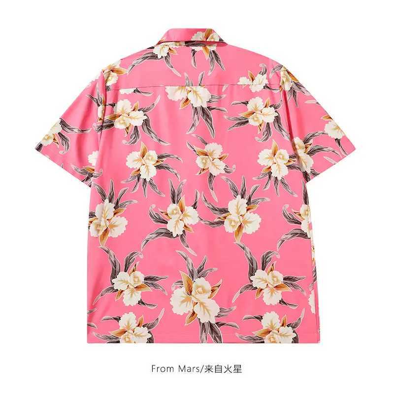Vintage Cuban mens collar shirt Hawaiian fashion beach shirt summer chiffon short sleeved top aesthetic pink flower Y2K Camissa M250320
