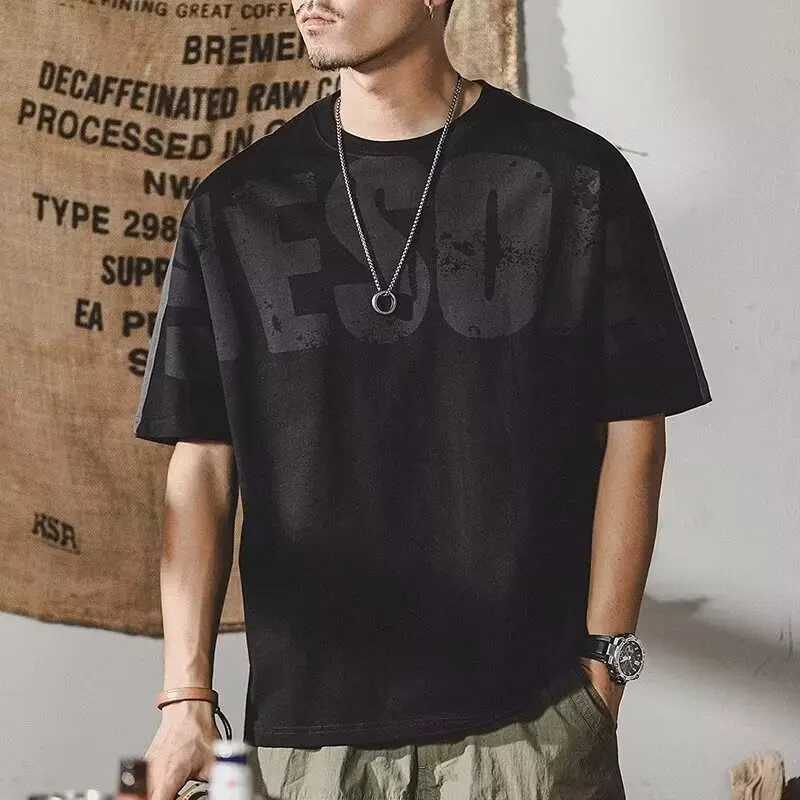 American Vintage Mens 2024 Summer New Pullover O-Neck Patchwork Letters Loose Comfortable All-match Short Sleeved T-shirt TopsT250319