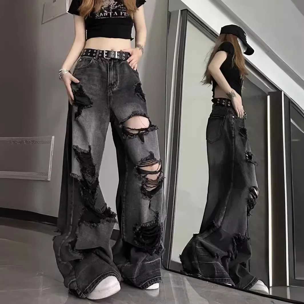 Unique Cool Tear Jeans for Womens Summer Distressed American Bell Bottom Loose Fit Versatile Straight Leg PantsT250326