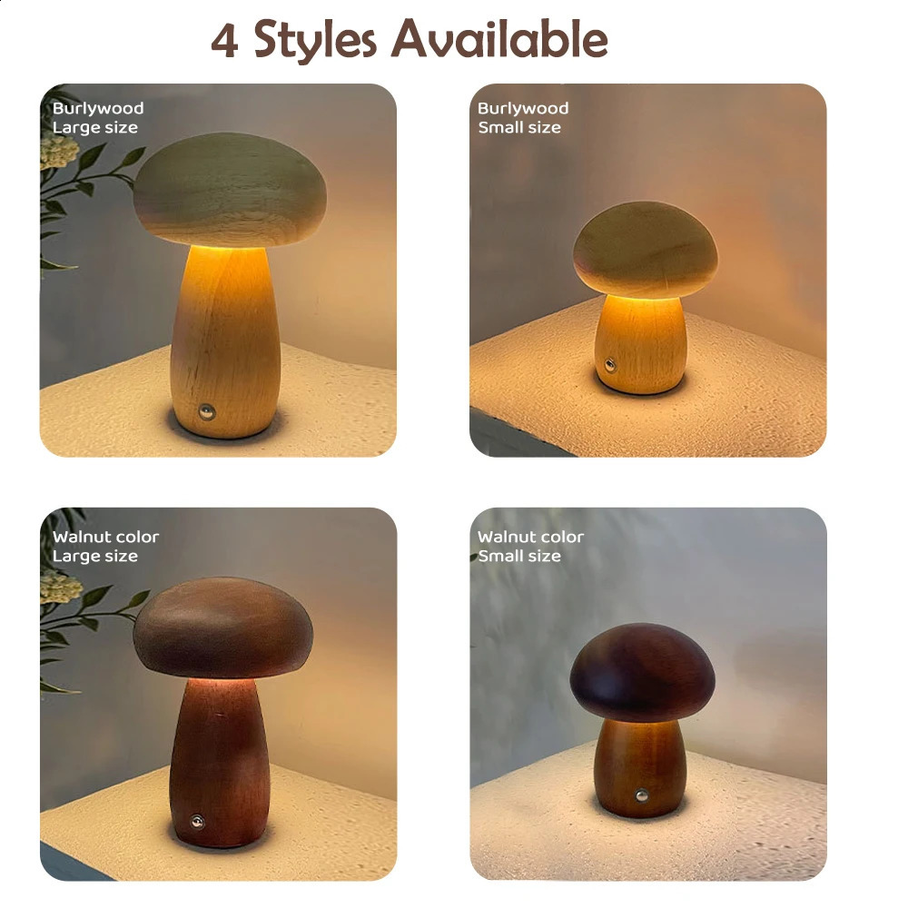 INS Wooden Creative Mushroom Night Light Stepless Dimming Bedside Table Lamp 3 Color Rechargeable Sleeping Nightlights For Room 250319
