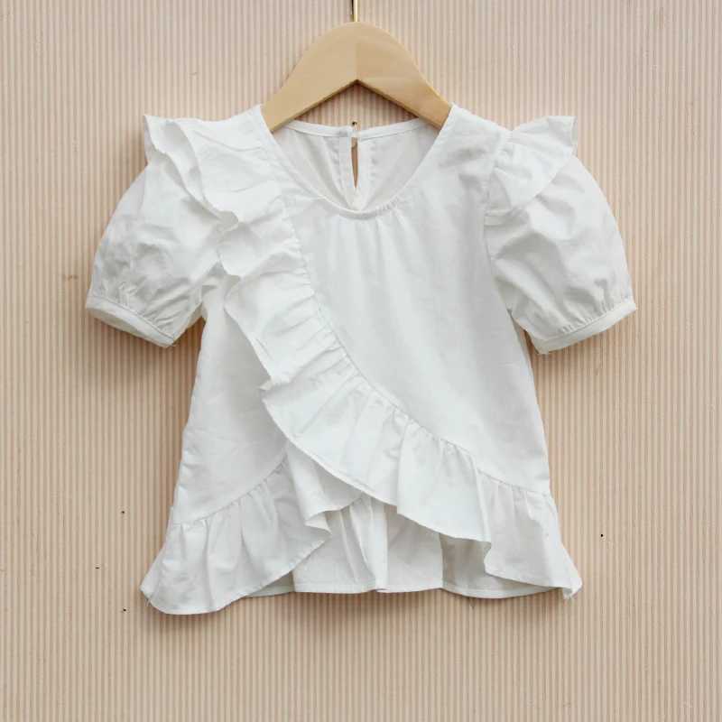 Korean Puff Sleeve Shirts for Teenage Girls Cute Solid Color Blouses Children White Ruffle Sleeve Tops Kids Clothes 8 To 12YearsT250320