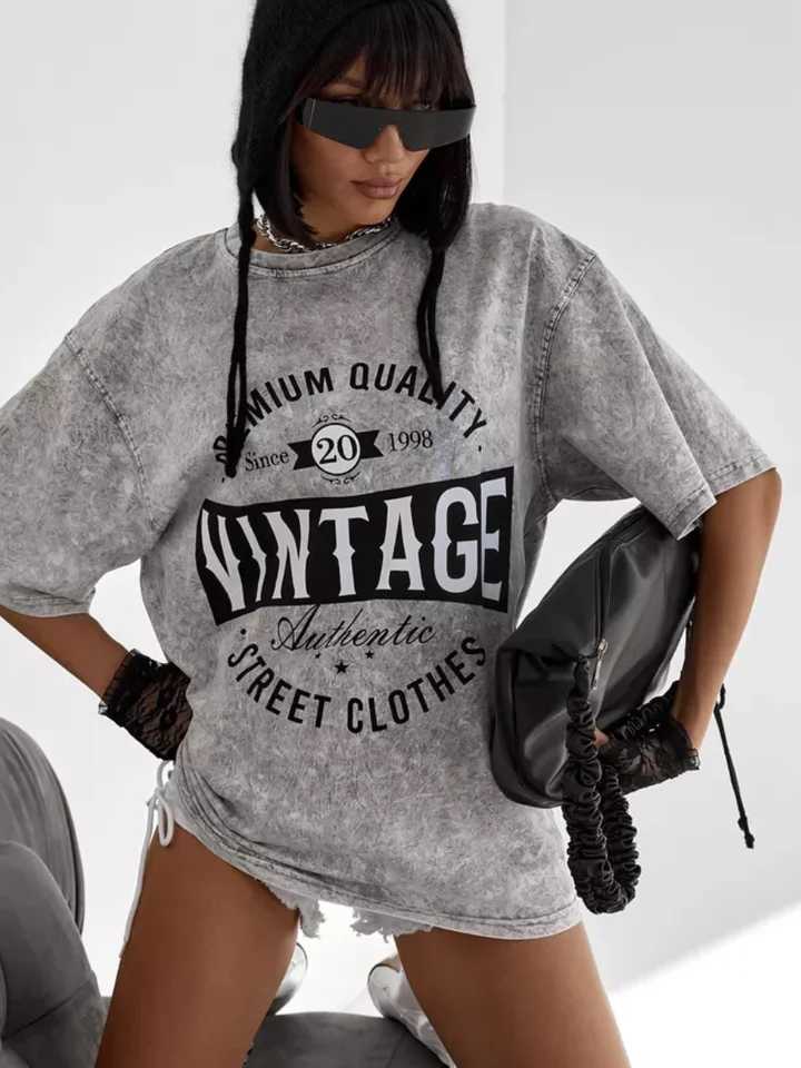 Oversized INS short sleeved washed retro T-shirt loose streetwear Distressed Bf Harajuku T-shirt Weomen printed half sleeveT250320