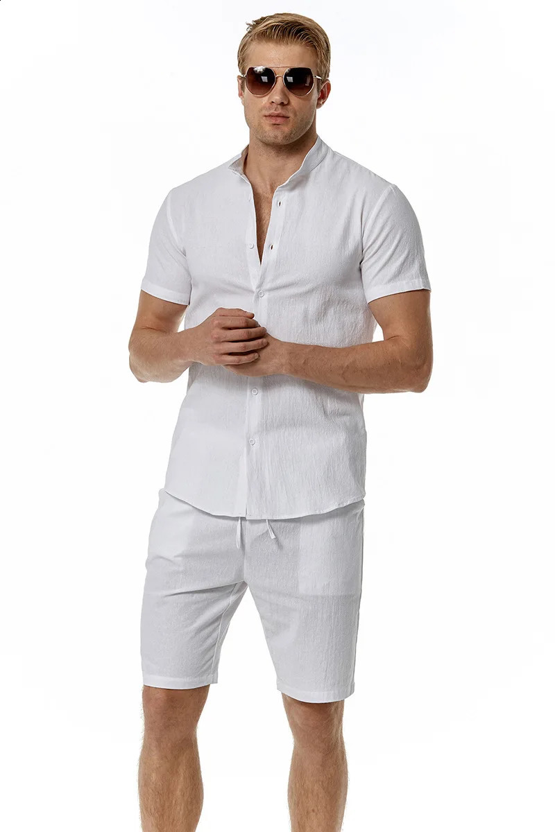 Summer Mens Cotton Linen Henley Neck Beach Casual Solid Short Sleeve Set 250314