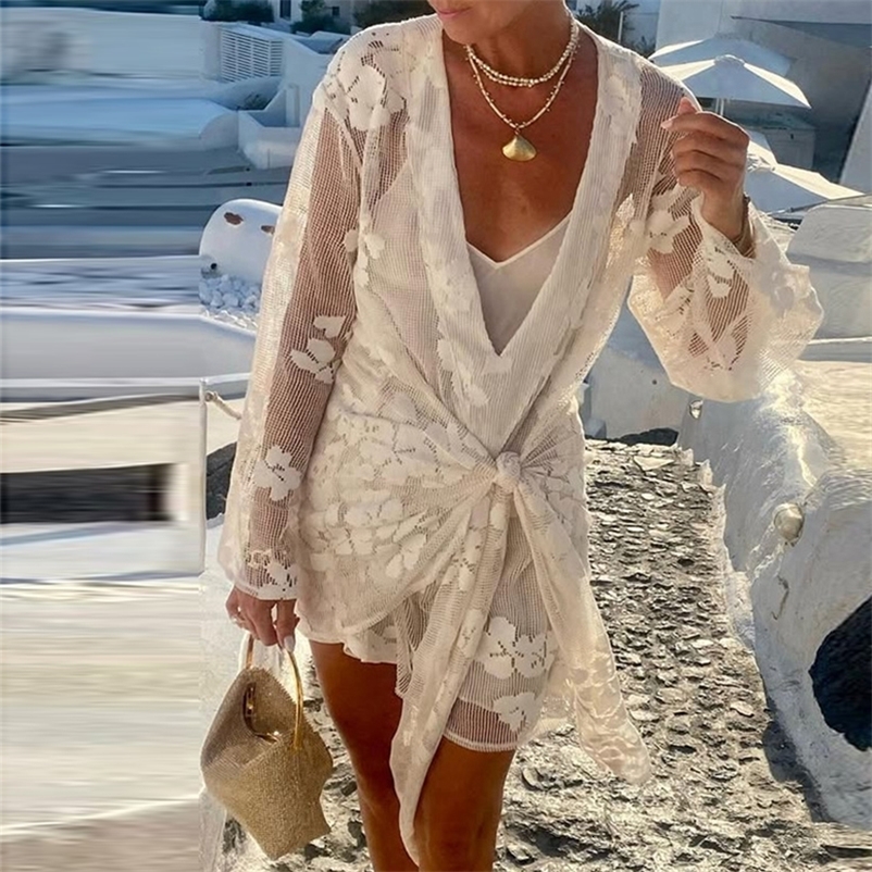 Vintage Print Floral Lace Beach Cover-up Dress Sexy Ladies Deep V Knot Mini Dress Casual Women Long Sleeve Solid Vocation Dress 250319
