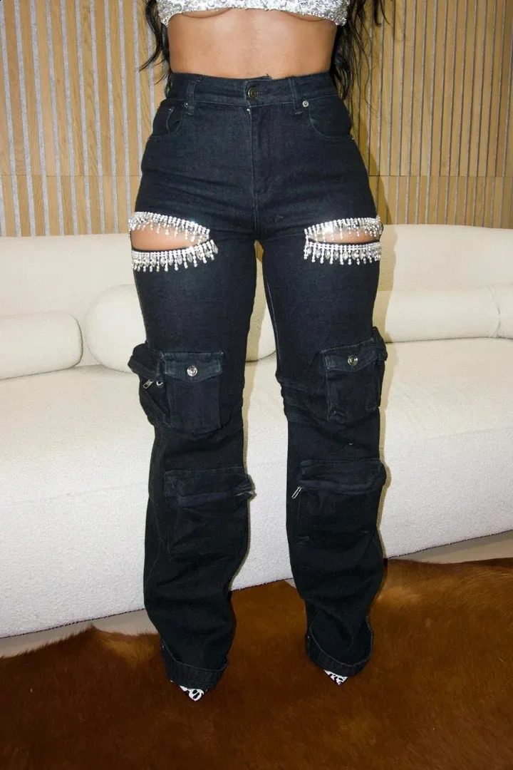 Womens Cutout Diamonds Crystal Hollow Out Straight Denim Pants Fall Multi Pocket High Waist Wide Leg Jeans Trousers 250314