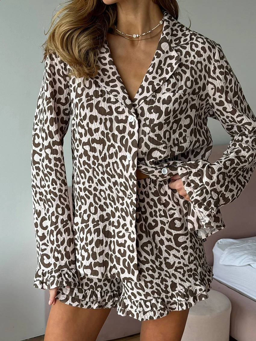 Soft Cotton Leopard Print Women Pajama Suit Sexy Turn-Down Collar Sleepwear Long Sleeve Nightwear Shorts Casual Femme Loungewear 250319