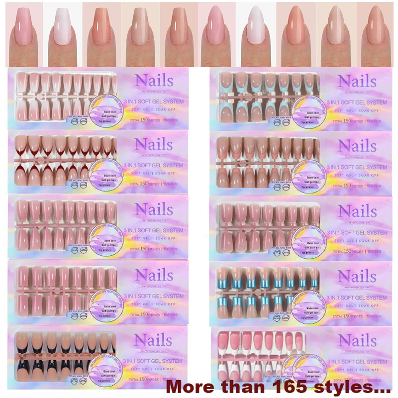 150PcsBox Acrylic Press on Nails Full Cover Fake False Tips Soft Gel Extension T-shaped Oval Capsule Almond Sculpted Salon DIY 250320