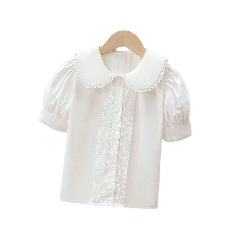 Baby girl clothing toddler shirt sweet collar short sleeved spring girl shirt solid color cotton top 2-12 years oldT250320