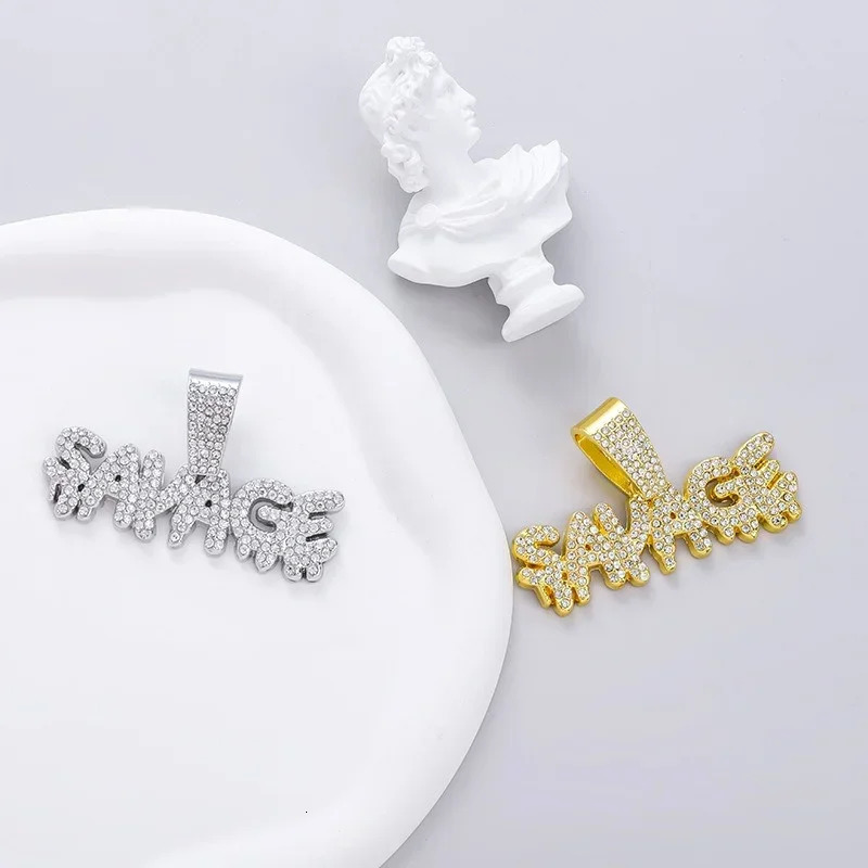 Hip Hop Bling Crown Letter Savage Pendant Necklace With 13mm Cuban Chain Iced Out Statement Neck Jewelry Drop 250320