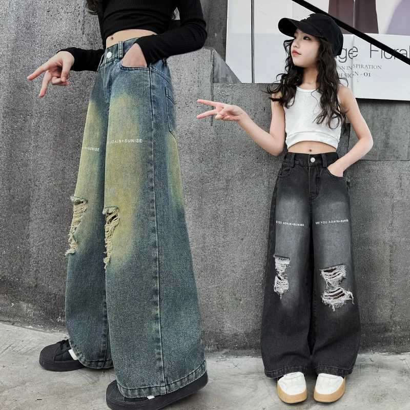 2024 Autumn Fashion Loose Straight Pants for Girls Hole Wide Leg Jeans for Teenagers 100 Casual Streetwear Simple Childrens Trojan HorseT250326