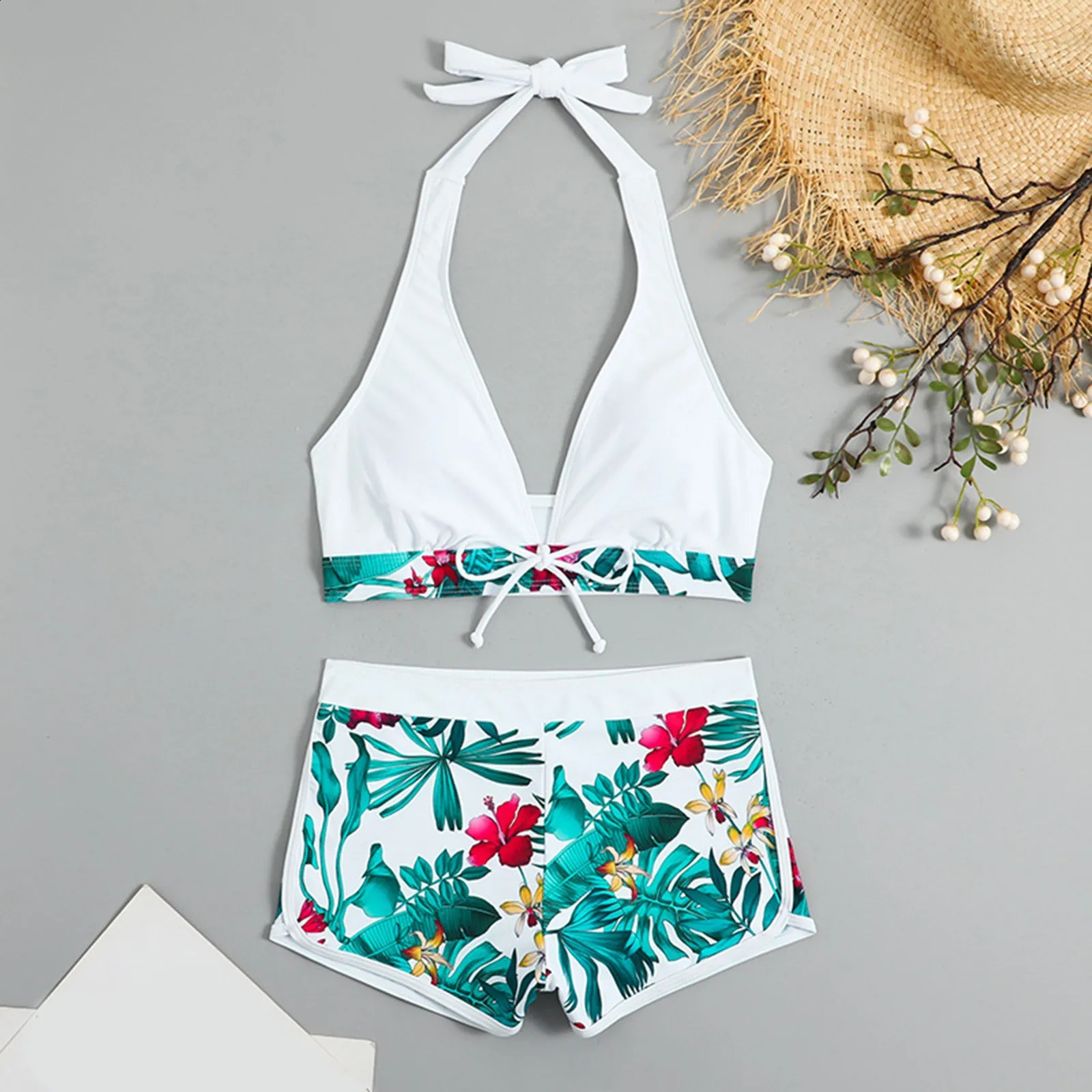 Teenage bikini set womens swimsuit tropical printed shorts two pieces 250319