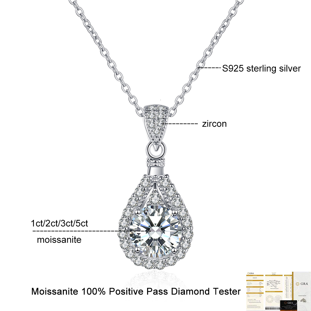 FEOBUR 1/3/5CT Moissanite Waterdrop Pendant Necklace for Women 925 Sterling Silver Plated with White Gold Luxury Wedding Jewelry
