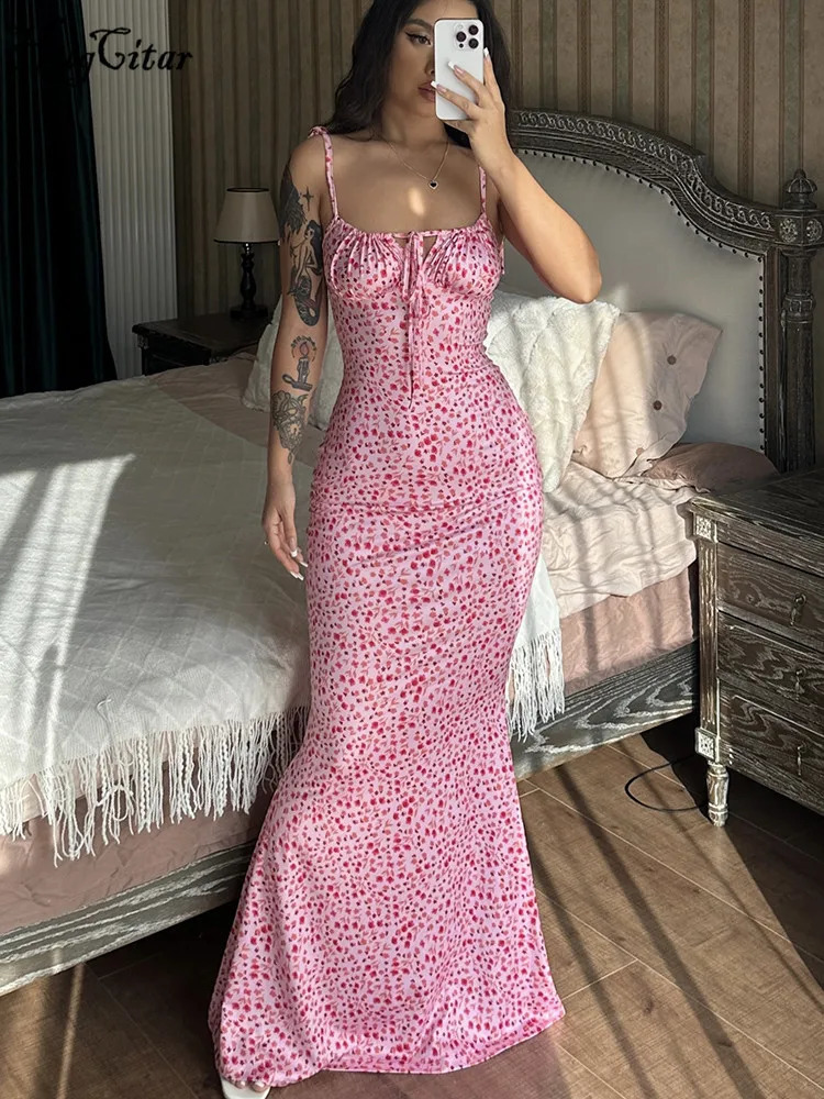 Hugcitar Floral Print Sleeveless Backless Slips Lace Up Maxi Dress Sexy Bodycon Summer Elegant Outfits Holiday Party Wholesale 250319