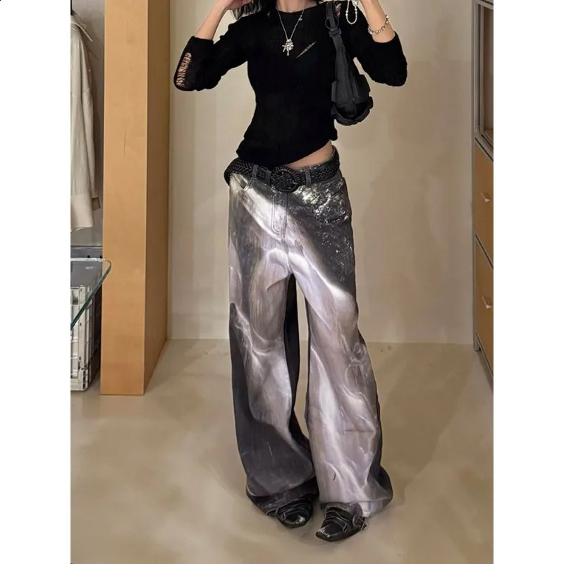 American retro large-size water washing silhouette waterfall jeans for women spring girl digital printed floor trousers 250319