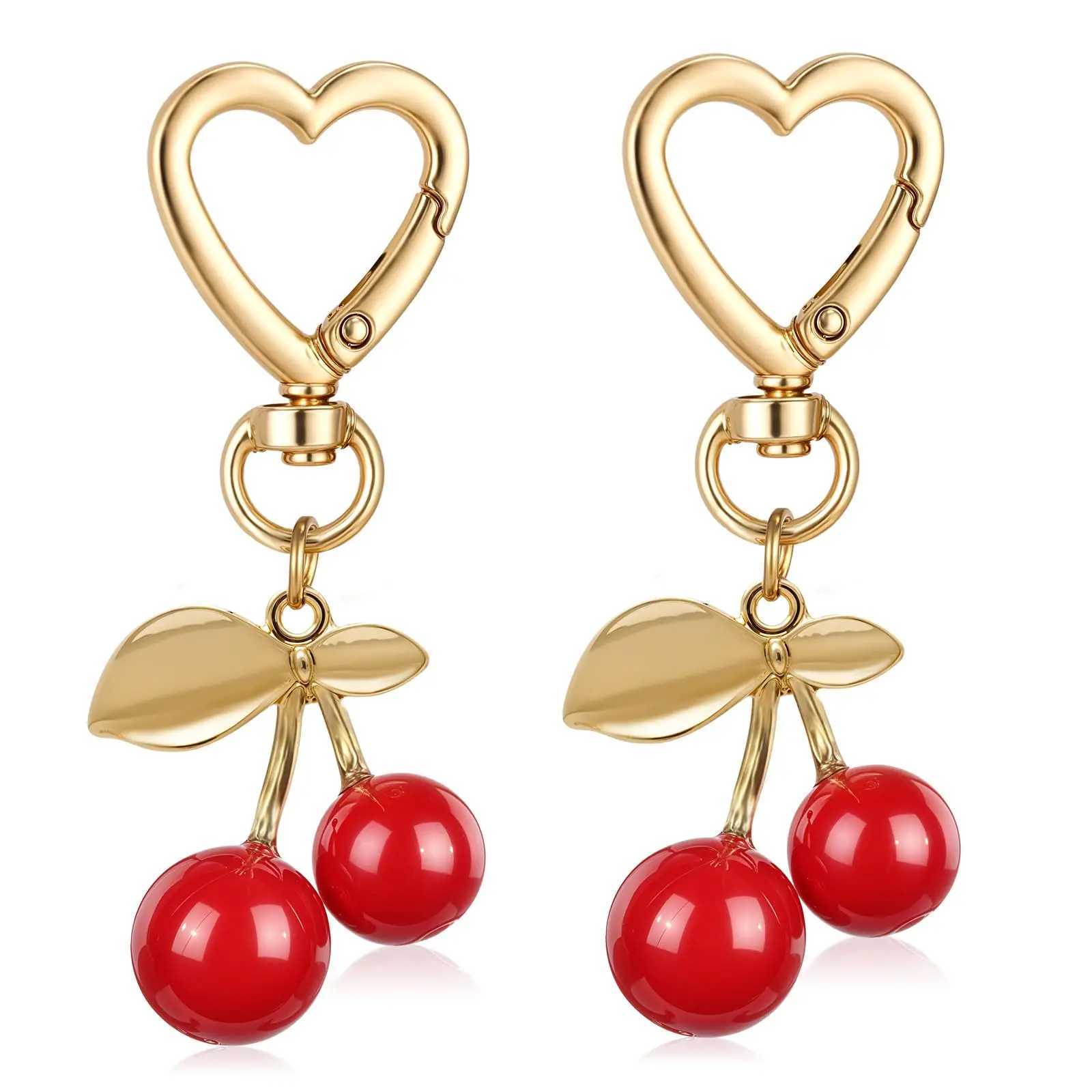 Cute Charm Cherry Keychain Bag Handbag Pendant Christmas Gift Car Key Accessories Gold Leaf Fashion Decoration KeyringXJ250319