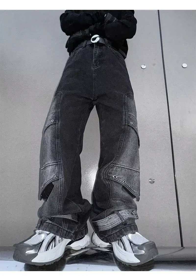 2024 Pantalones Y2K Streetwear Retro Blue Pocket New Jeans Mens Cargo Pants Straight Wide Legs Hip Hop CowboyT250319