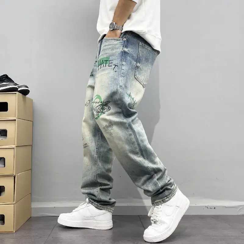 Personalized printed straight leg jeans with retro street style in the United States suitable for mens loose suits washed street hip-hop pantsT250319