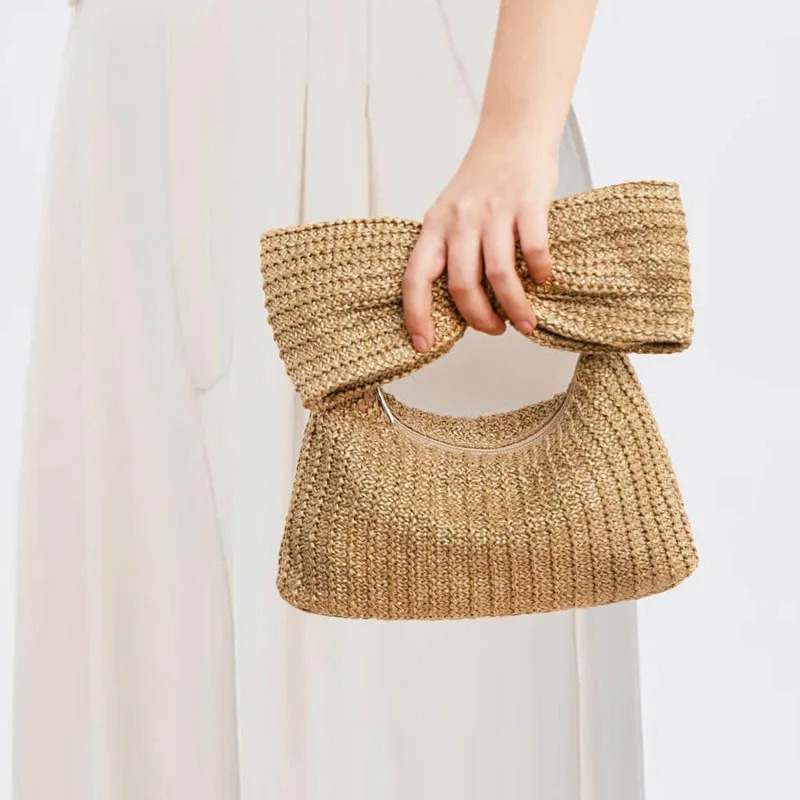 Summer Straw Woven Clutch Bag Women Bow Purse Vacation Beach Tote Party Wedding 2024 Zipper Evenging Handbags 250314