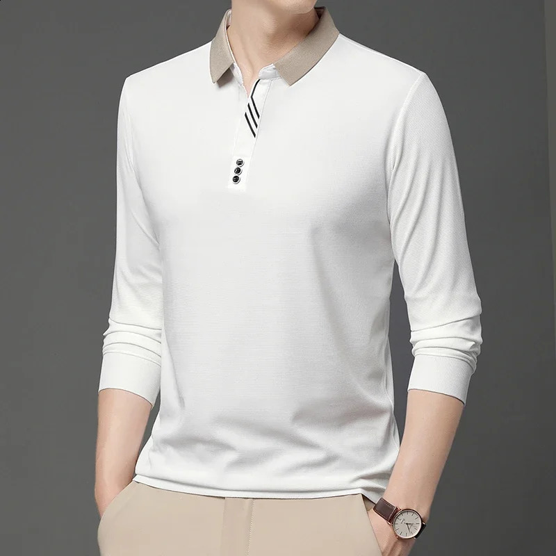 Mens business casual long sleeved solid color polo shirt fashionable breathable and comfortable Versatile top 250318