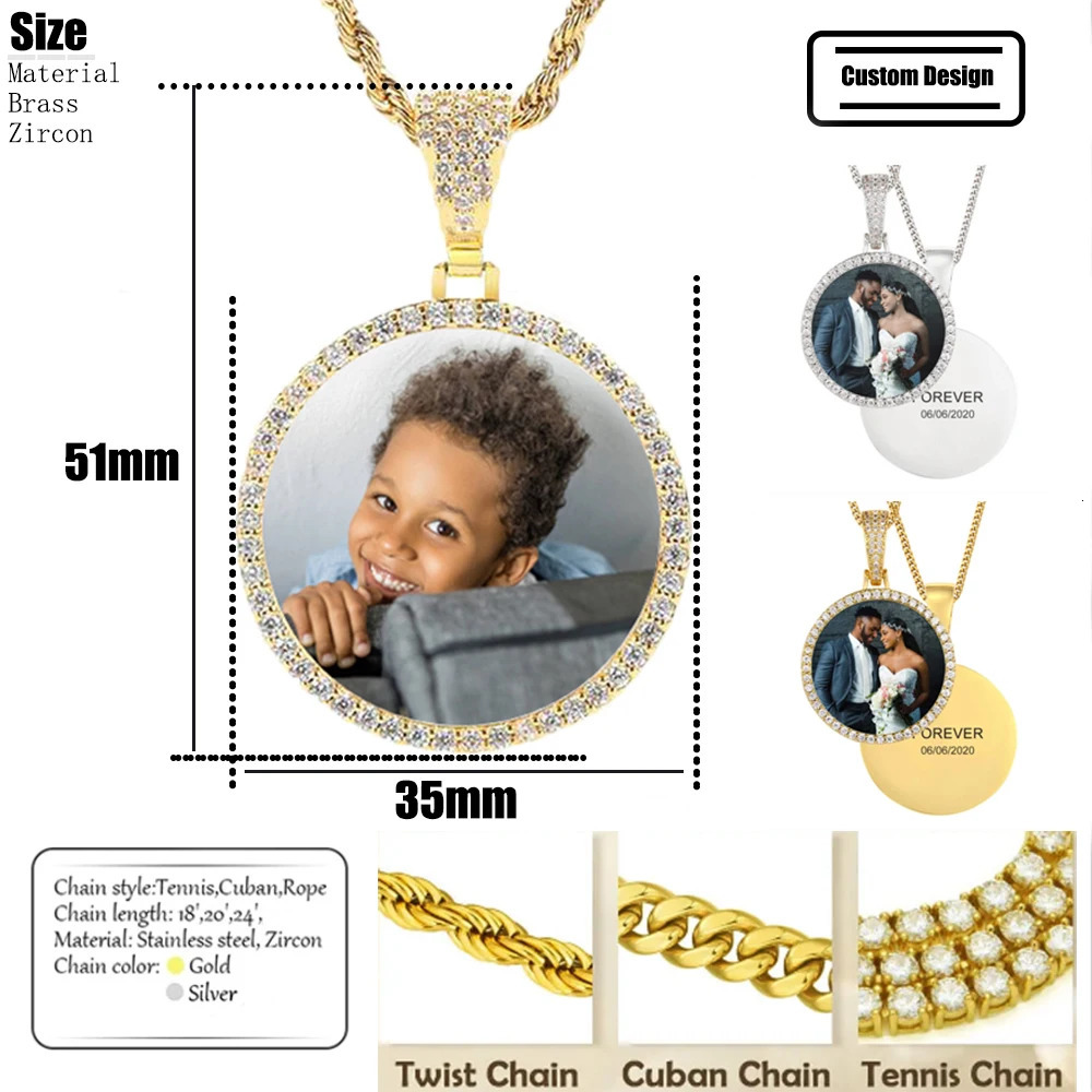Personalized Po Medallion Bling Stone Necklace Pendant Custom Memory Picture 35MM Circle Hip Hop Jewelry Pendant 250318