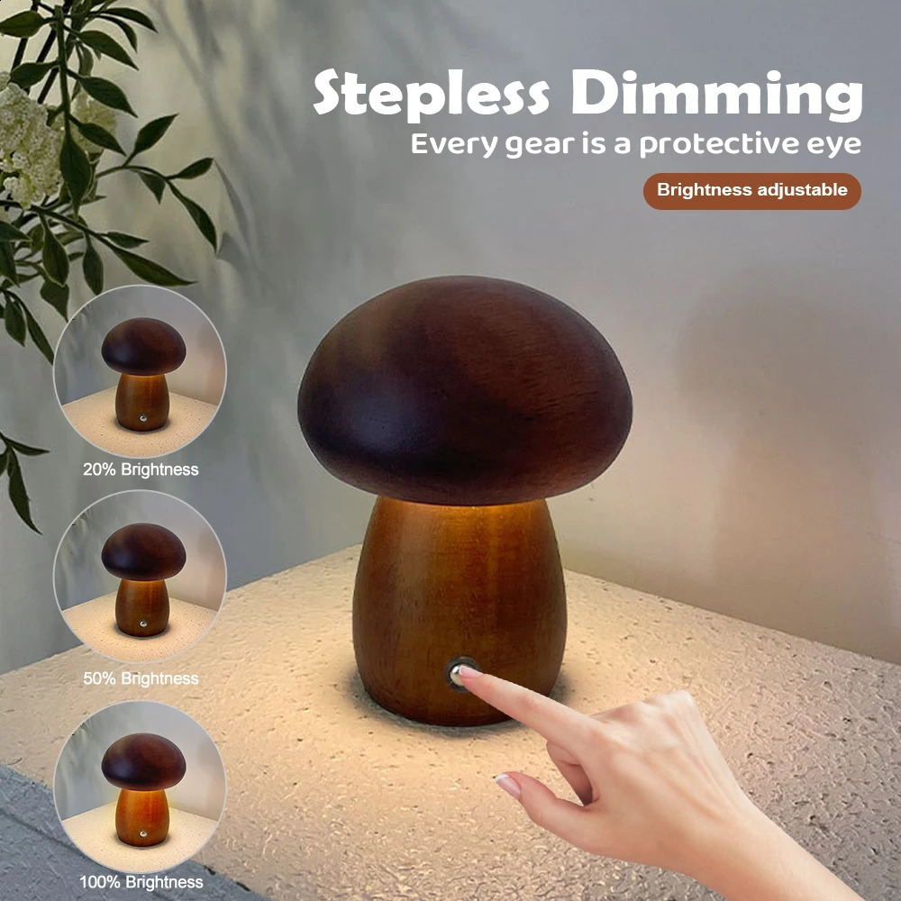 INS Wooden Creative Mushroom Night Light Stepless Dimming Bedside Table Lamp 3 Color Rechargeable Sleeping Nightlights For Room 250319