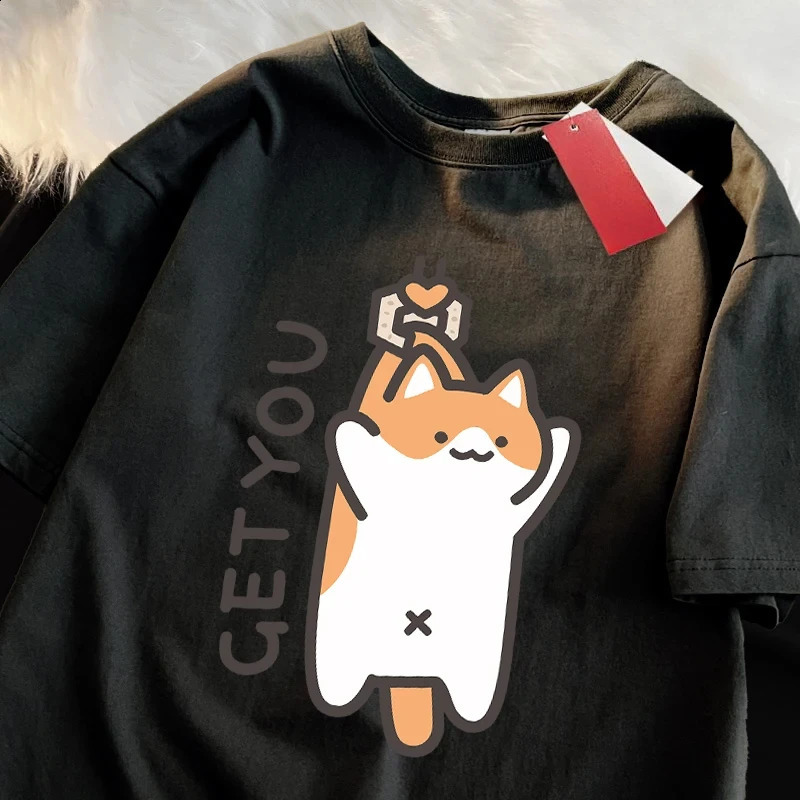 Catching Baby Fun Cat Print Japanese Style Clothe Fashion Oversize TShirt Casual Oneck Tops Summer Loose T Shirt Y2K 250311